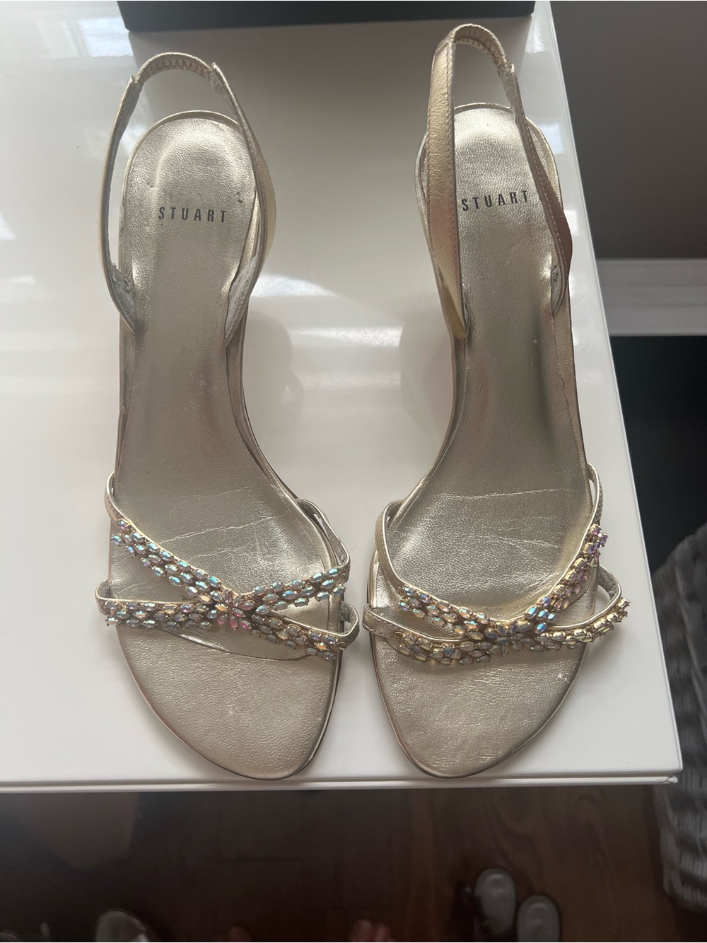 Stuart Weitzman Champagne Slingback Heels with Crystal Straps